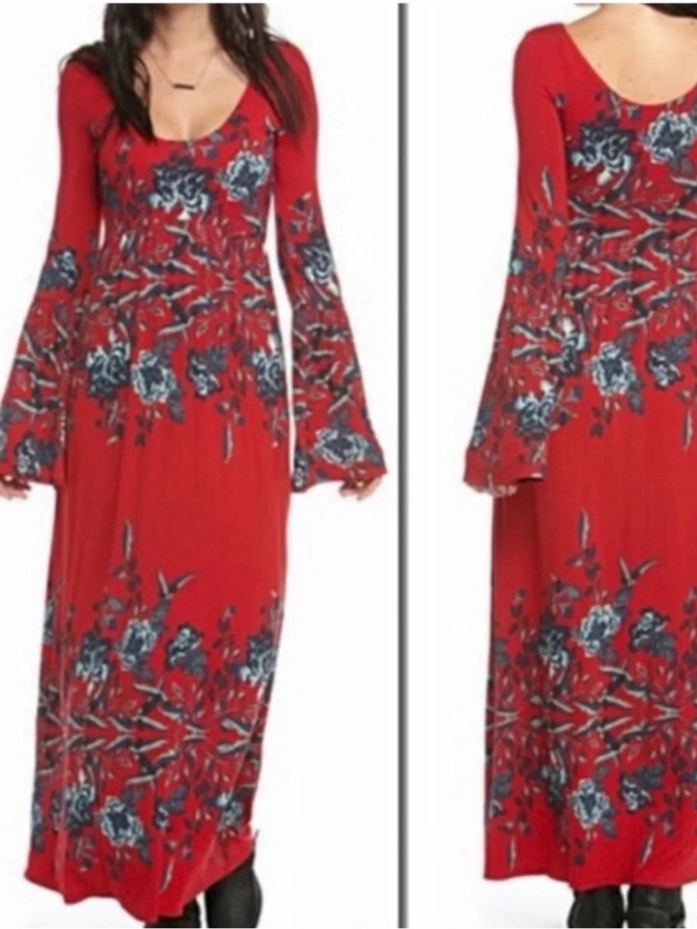 Free People Scarlet Red Floral Scoop-Neck Maxi Dress